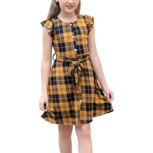 imageGORLYA Girls Ruffle Trim Sleeve Button Down Floral Print Casual Vintage Midi Dress with Pockets for 412 Years KidsYellow Plaid