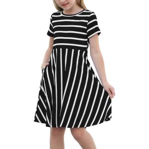imageGORLYA Girls Short Sleeve Floral Print Casual Fit and Flare Party Dress with Pockets 412 YearsBlack Stripe