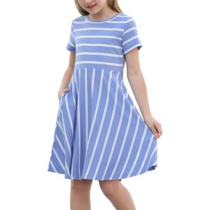 imageGORLYA Girls Short Sleeve Floral Print Casual Fit and Flare Party Dress with Pockets 412 YearsBlue Stripe