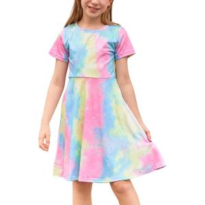imageGORLYA Girls Short Sleeve Floral Print Casual Fit and Flare Party Dress with Pockets 412 YearsColorful Tiedye