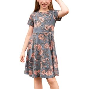imageGORLYA Girls Short Sleeve Floral Print Casual Fit and Flare Party Dress with Pockets 412 YearsGray Print