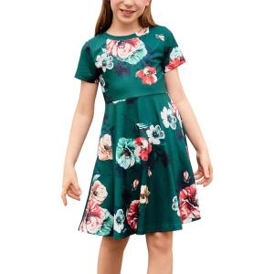 imageGORLYA Girls Short Sleeve Floral Print Casual Fit and Flare Party Dress with Pockets 412 YearsGreen Print