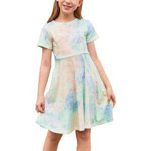 imageGORLYA Girls Short Sleeve Floral Print Casual Fit and Flare Party Dress with Pockets 412 YearsGreen Tiedye