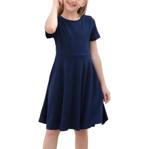 imageGORLYA Girls Short Sleeve Floral Print Casual Fit and Flare Party Dress with Pockets 412 YearsNavy Color