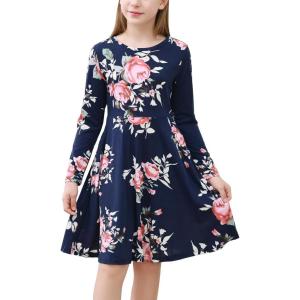 imageGORLYA Girls Short Sleeve Floral Print Casual Fit and Flare Party Dress with Pockets 412 YearsNavyprint  Long Sleeve