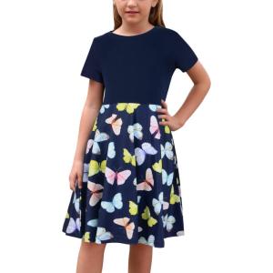 imageGORLYA Girls Short Sleeve Floral Print Casual Fit and Flare Party Dress with Pockets 412 YearsPbutterfly