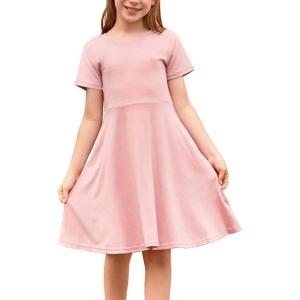 imageGORLYA Girls Short Sleeve Floral Print Casual Fit and Flare Party Dress with Pockets 412 YearsPink Color