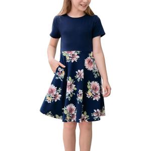 imageGORLYA Girls Short Sleeve Floral Print Casual Fit and Flare Party Dress with Pockets 412 YearsPnavy Print