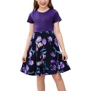 imageGORLYA Girls Short Sleeve Floral Print Casual Fit and Flare Party Dress with Pockets 412 YearsPpurple Print