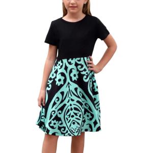 imageGORLYA Girls Short Sleeve Floral Print Casual Fit and Flare Party Dress with Pockets 412 YearsPteal Print