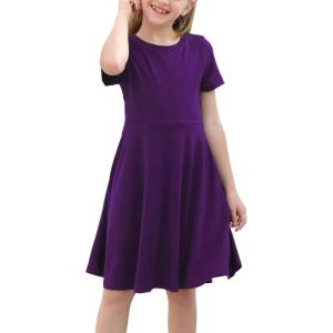 imageGORLYA Girls Short Sleeve Floral Print Casual Fit and Flare Party Dress with Pockets 412 YearsPurple Color