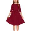 imageGORLYA Girls 34 Sleeve Casual Scalloped Edge Aline Belted Dress with Pockets for 414T KidsWine Red Color