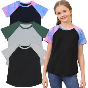 imageGORLYA 3 Pack Girls Contrast Patchwork Raglan Sleeve T Shirt Basic Long Sleeve Casual Tee Tops Multipacks for 816YBlue Tiedyegreengray 3 Pack  Short Sleeve