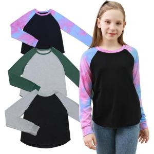 imageGORLYA 3 Pack Girls Contrast Patchwork Raglan Sleeve T Shirt Basic Long Sleeve Casual Tee Tops Multipacks for 816YBlue Tiedyegreengray 3 Pack