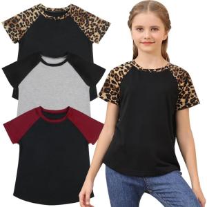 imageGORLYA 3 Pack Girls Contrast Patchwork Raglan Sleeve T Shirt Basic Long Sleeve Casual Tee Tops Multipacks for 816YLeopardblackwine Red 3 Pack  Short Sleeve