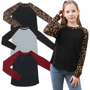 imageGORLYA 3 Pack Girls Contrast Patchwork Raglan Sleeve T Shirt Basic Long Sleeve Casual Tee Tops Multipacks for 816YLeopardblackwine Red 3 Pack
