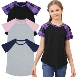 imageGORLYA 3 Pack Girls Contrast Patchwork Raglan Sleeve T Shirt Basic Long Sleeve Casual Tee Tops Multipacks for 816YPurple Plaidpinknavy 3 Pack  Short Sleeve