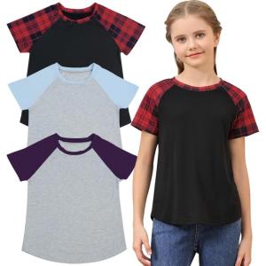 imageGORLYA 3 Pack Girls Contrast Patchwork Raglan Sleeve T Shirt Basic Long Sleeve Casual Tee Tops Multipacks for 816YRed Plaidlight Bluepurple 3 Pack  Short Sleeve