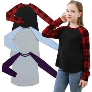 imageGORLYA 3 Pack Girls Contrast Patchwork Raglan Sleeve T Shirt Basic Long Sleeve Casual Tee Tops Multipacks for 816YRed Plaidlight Bluepurple 3 Pack
