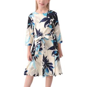 imageGORLYA Girls 34 Sleeve Casual Scalloped Edge Aline Belted Dress with Pockets for 414T KidsBeige Print