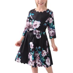 imageGORLYA Girls 34 Sleeve Casual Scalloped Edge Aline Belted Dress with Pockets for 414T KidsBlack Print