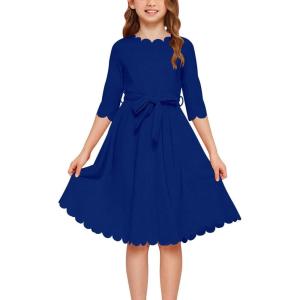 imageGORLYA Girls 34 Sleeve Casual Scalloped Edge Aline Belted Dress with Pockets for 414T KidsBlue Color