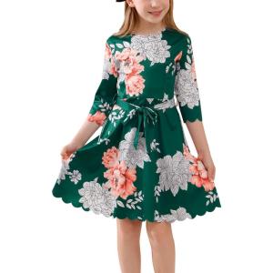 imageGORLYA Girls 34 Sleeve Casual Scalloped Edge Aline Belted Dress with Pockets for 414T KidsGreen Print