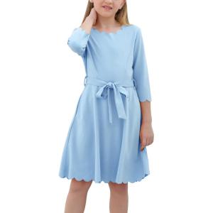 imageGORLYA Girls 34 Sleeve Casual Scalloped Edge Aline Belted Dress with Pockets for 414T KidsLight Blue