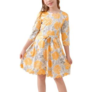imageGORLYA Girls 34 Sleeve Casual Scalloped Edge Aline Belted Dress with Pockets for 414T KidsOrange Flower