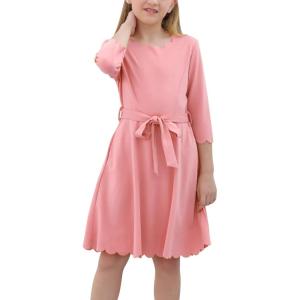 imageGORLYA Girls 34 Sleeve Casual Scalloped Edge Aline Belted Dress with Pockets for 414T KidsPink