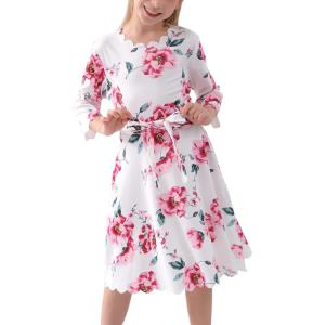 imageGORLYA Girls 34 Sleeve Casual Scalloped Edge Aline Belted Dress with Pockets for 414T KidsPink Flower