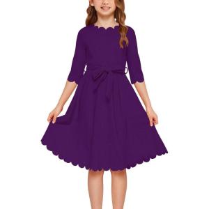 imageGORLYA Girls 34 Sleeve Casual Scalloped Edge Aline Belted Dress with Pockets for 414T KidsPurple