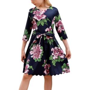 imageGORLYA Girls 34 Sleeve Casual Scalloped Edge Aline Belted Dress with Pockets for 414T KidsPurple Flower
