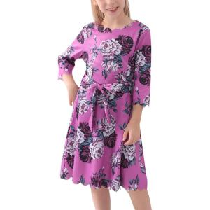 imageGORLYA Girls 34 Sleeve Casual Scalloped Edge Aline Belted Dress with Pockets for 414T KidsPurple Print