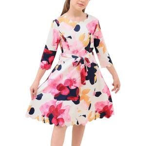 imageGORLYA Girls 34 Sleeve Casual Scalloped Edge Aline Belted Dress with Pockets for 414T KidsWhite Print