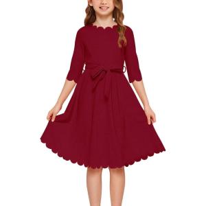 imageGORLYA Girls 34 Sleeve Casual Scalloped Edge Aline Belted Dress with Pockets for 414T KidsWine Red Color