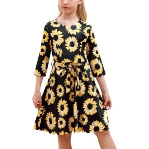 imageGORLYA Girls 34 Sleeve Casual Scalloped Edge Aline Belted Dress with Pockets for 414T KidsYellow Flower