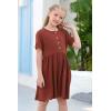 imageGORLYA Girls Short Sleeve Button Up Pleated Waist Loose Casual Linen Midi Dress with Pockets for 412 Years KidsBrown Color