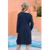 imageGORLYA Girls Short Sleeve Button Up Pleated Waist Loose Casual Linen Midi Dress with Pockets for 412 Years KidsNavy Color  Long Sleeve