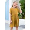 imageGORLYA Girls Short Sleeve Button Up Pleated Waist Loose Casual Linen Midi Dress with Pockets for 412 Years KidsYellow Color