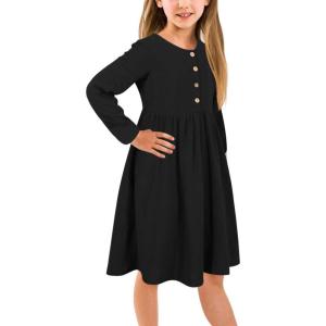 imageGORLYA Girls Short Sleeve Button Up Pleated Waist Loose Casual Linen Midi Dress with Pockets for 412 Years KidsBlack Color  Long Sleeve