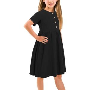 imageGORLYA Girls Short Sleeve Button Up Pleated Waist Loose Casual Linen Midi Dress with Pockets for 412 Years KidsBlack Color