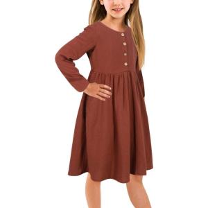 imageGORLYA Girls Short Sleeve Button Up Pleated Waist Loose Casual Linen Midi Dress with Pockets for 412 Years KidsBrown Color  Long Sleeve