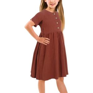 imageGORLYA Girls Short Sleeve Button Up Pleated Waist Loose Casual Linen Midi Dress with Pockets for 412 Years KidsBrown Color