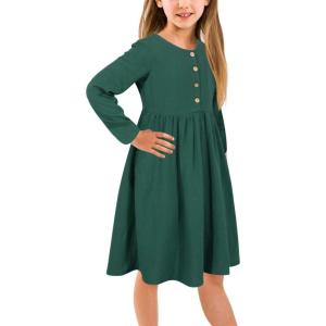 imageGORLYA Girls Short Sleeve Button Up Pleated Waist Loose Casual Linen Midi Dress with Pockets for 412 Years KidsGreen  Long Sleeve