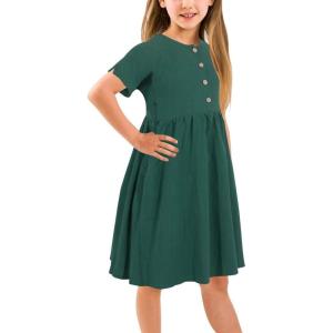 imageGORLYA Girls Short Sleeve Button Up Pleated Waist Loose Casual Linen Midi Dress with Pockets for 412 Years KidsGreen Color