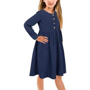 imageGORLYA Girls Short Sleeve Button Up Pleated Waist Loose Casual Linen Midi Dress with Pockets for 412 Years KidsNavy Color  Long Sleeve