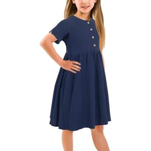 imageGORLYA Girls Short Sleeve Button Up Pleated Waist Loose Casual Linen Midi Dress with Pockets for 412 Years KidsNavy Color