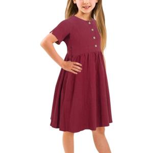 imageGORLYA Girls Short Sleeve Button Up Pleated Waist Loose Casual Linen Midi Dress with Pockets for 412 Years KidsRed Color