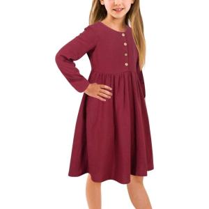 imageGORLYA Girls Short Sleeve Button Up Pleated Waist Loose Casual Linen Midi Dress with Pockets for 412 Years KidsRedlong Sleeve